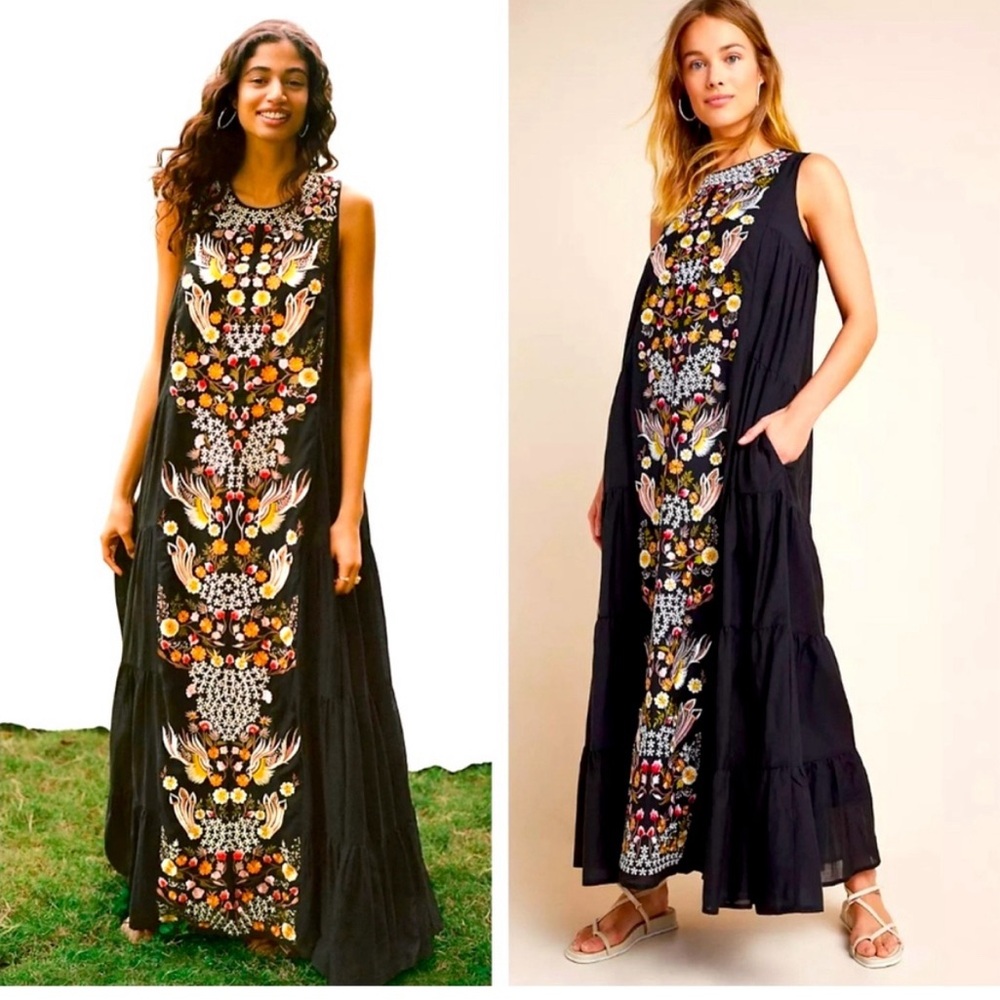 Anthropologie Samant Chauhan Jacaranda Dress 4P Black Embroidered Maxi